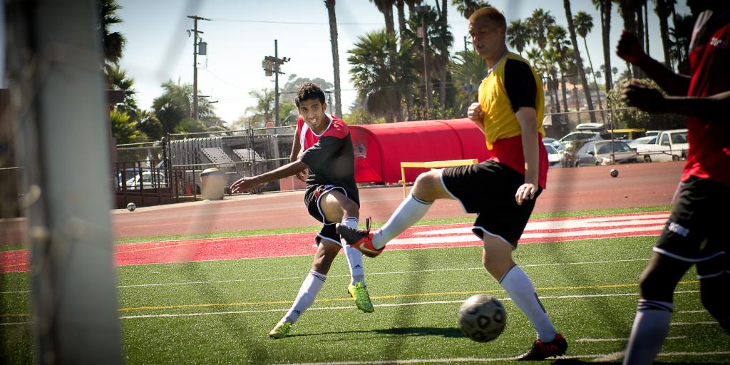 Saleh Alkhdairi attempts a shot at the goal during soccer practice, Monday Oct. 15, on La Playa Stadium.