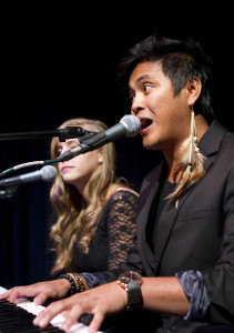 John Joveth-Jorquia and Jenna Scoggins perform at a free concert set up by the Music Dept. in the Jurkowitz Theatre at Santa Barbara City College Friday, March 8, 2013. Student songwriters from Music 128a taught by John Clark showcased their work.