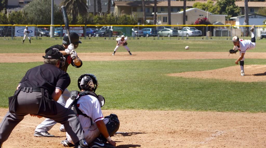 Tyler Gilbert (No. 12) pitches against Ventura College at Pershing Park in Santa Barbara, Calif. April 6, 2013. 