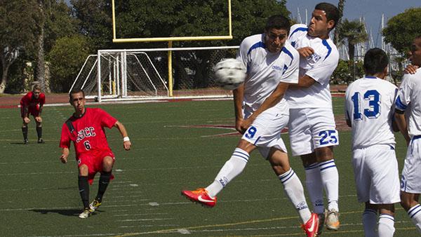 Vaqueros midfielder Alex Santana, No. 6, shoots a penalty kick directly at opponent causing the ball to deflect off of leading to a goal in the first half during the soccer match at La Playa Stadium on Sept. 17,2013, in Santa Barbara, Calif.