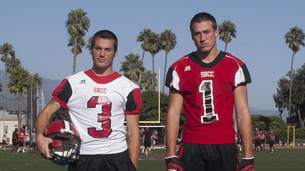 Santa Barbara City College football players Jacob Arnell (left) and Zack Arnell (right) are ready for practice at La Playa Stadium on Oct. 4, 2013, in Santa Barbara, Calif.