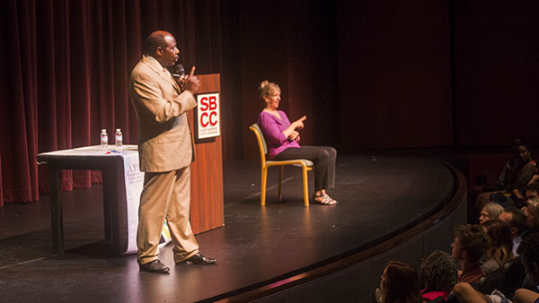 Paul Rusesabagina gives his speech at the Garvin Theater, (City College campus, Santa Barbara, Calif.) at November 8, 2013.