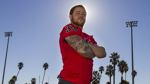 Vaqueros linebacker Morgan Nevin, No. 33, at La Playa stadium in Santa Barbara, Calif. on Monday, Nov. 25, 2013. Morgan led his team in tackles during the Vaqueros 2013 football season.