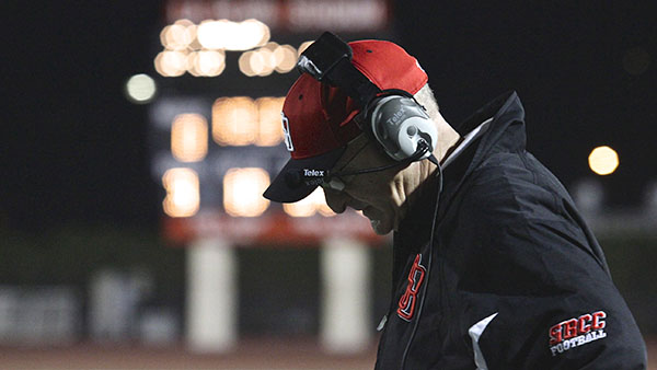 Vaqueros Head Coach Craig Moropoulos frustrated over his team losing against Glendale College on Saturday Nov. 9, at La Playa Stadium in Santa Barbara, Calif. Glendale College defeated the Vaqueros, 17-24.