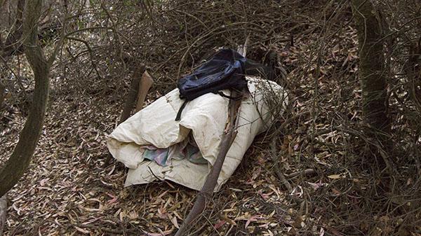 A stashed blanket and backpack at the wooded area on West Campus of City College on Thursday, Nov. 14, 2013, in Santa Barbara, Calif.