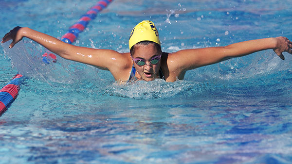 Lauren Shackelford practices the butterfly stroke at San Marcos High School in Sept. 27, 2013, in Santa Barbara, Calif.