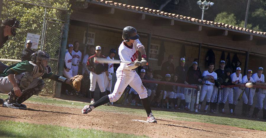 Matt Henderson (No. 6) hits a single at the game against Napa Valley College on Feb. 1, at Pershing Park in Santa Barbara. The Vaqueros won the second game of the three-game series 7-5.