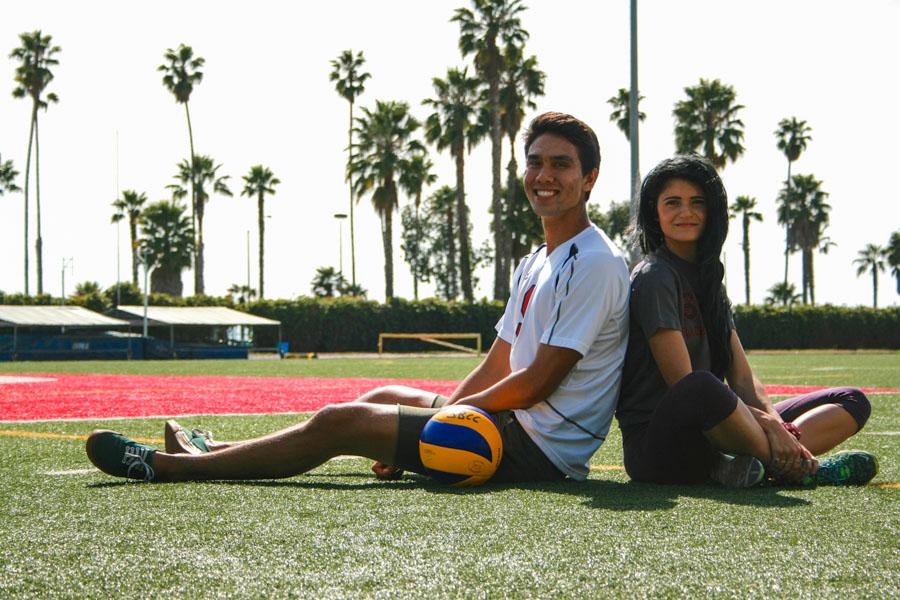 City+College+volleyball+player%2C+Evan+Yoshimoto%2C+20%2C+and+track+and+field+runner%2C+Amy+Connor%2C+19%2C+celebrate+the+recognition+of+their+teams+by+the+California+Community+College+Athletic+Association+as+Scholar+Team+recipients+on+Feb%2C+20%2C+at+La+Playa+Stadium.