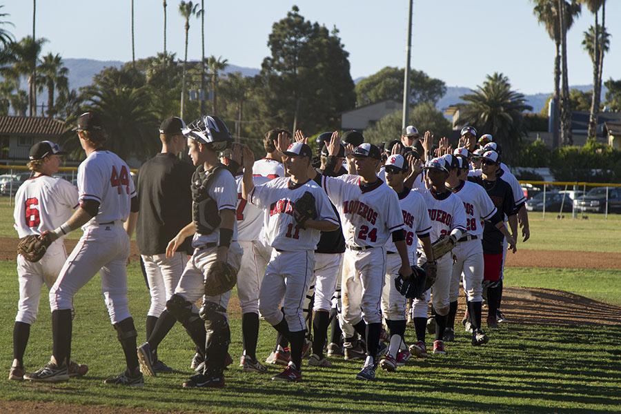 The Vaqueros celebrate their victory on Saturday, Feb. 1, 2014, at Pershing Park in Santa Barbara, Calif.  City College won the three-game opening series against Napa Valley College.