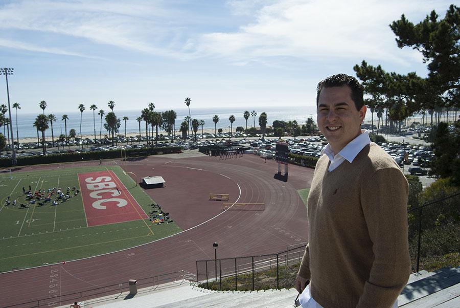 Michael Medel hangs out at La Playa Stadium on Thursday, Feb. 13, in Santa Barbara. From 1996-97 Medel ran the 100m and 200m sprints, as well as both relay events for the Vaqueros.