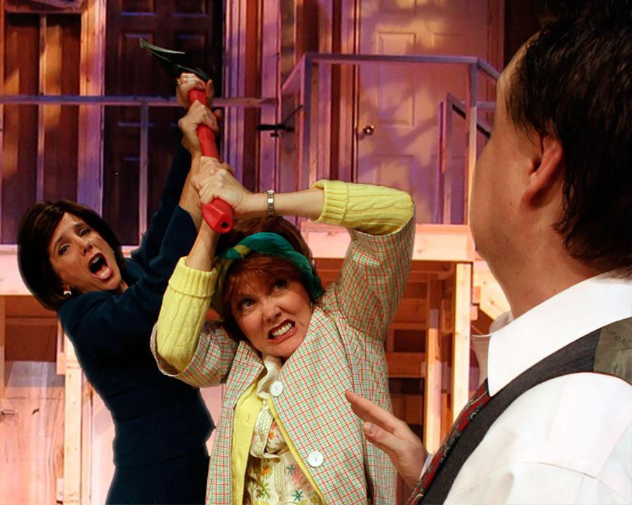Polly Firestone Walker, Ann Dusenberry and Sean Jackson in The Theatre Group production of Noises Off by Michael Frayn, which will play March 5 through 22, at the Garvin Theatre.