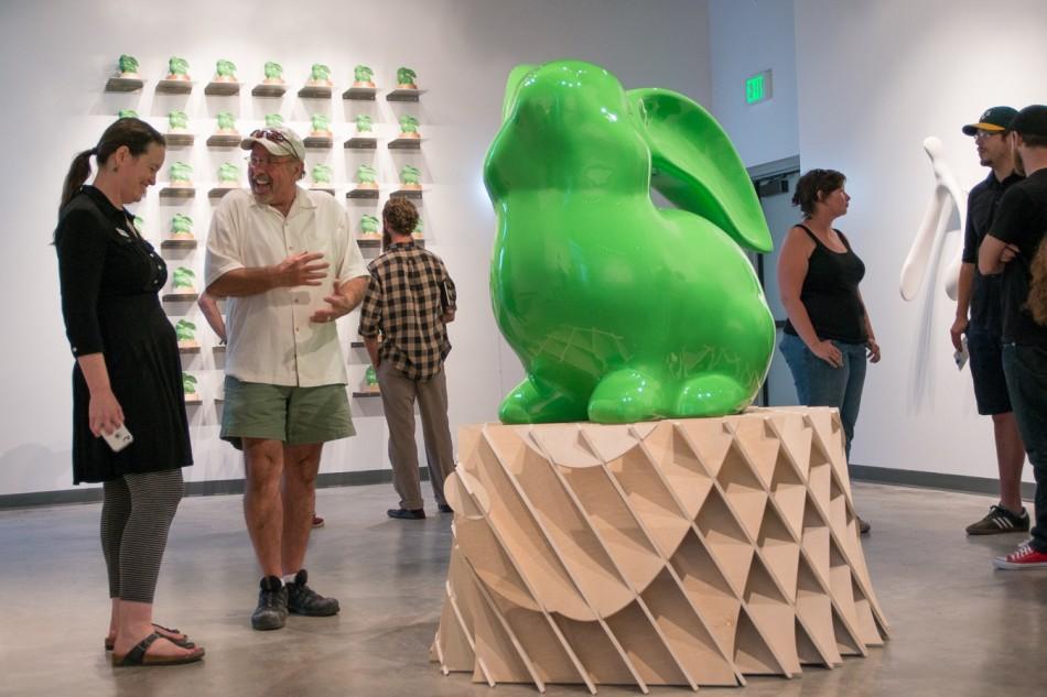 Atkinson Gallery Director Sarah Cunningham and viewer Norman Krohn talk at the reception of the new exhibit, ‘Honest to Goodness,’ on Friday, March 7, at the Atkinson Gallery in Santa Barbara.