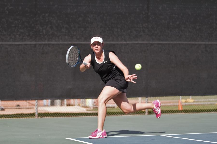 Women’s tennis captain Gabriela McDaniel rushes to return a serve in a match against Glendale College Tuesday, March 4, at Pershing Park in Santa Barbara. City College fell 1-8 to Glendale and is now 1-5 on the year.