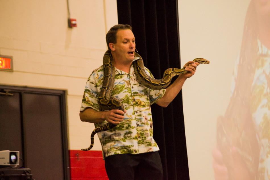 Blake Barron, biology professor speaks at the City Colleges 35th Annual Faculty Lecture, in the Sports Pavillion on East Campus, Wednesday, March 12.