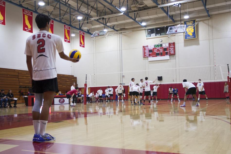 Vaqueros Freshman Owen Yoshimoto gets ready to serve the ball in the game against Santa Monica College Friday, March 21, at the Sports Pavilion in Santa Barbara. Yoshimoto finished with a season high 16 kills but the Vaqueros lost 2-3.