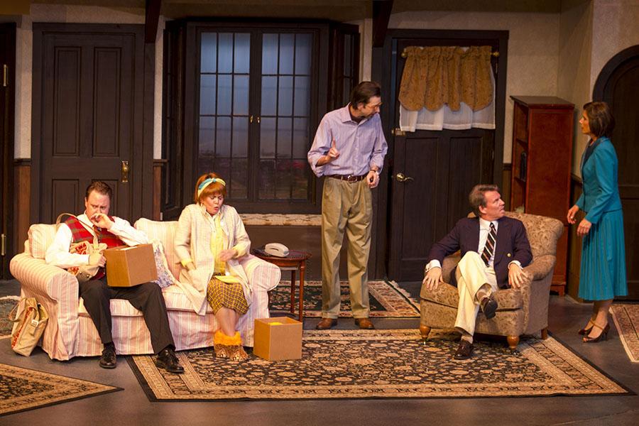 From left, Sean Jackson, Ann Dusenberry, Jay Carlander, Raymond Wallenthin and Polly Firestone Walker run through their last dress rehearsal for ‘Noises Off,’ on Tuesday March 4, inside the Garvin Theatre at City College. ‘Noises Off’ runs from March 5 through March 22.