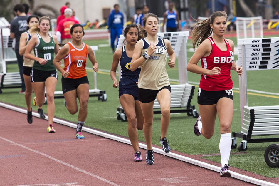 City College sophomore distance runner, Nicole Bartlett (No. 5), competes in the 1500-meter event at La Playa Stadium on Friday, March 21, in Santa Barbara. Bartlett finished first in the event with a time of 4:59.70.