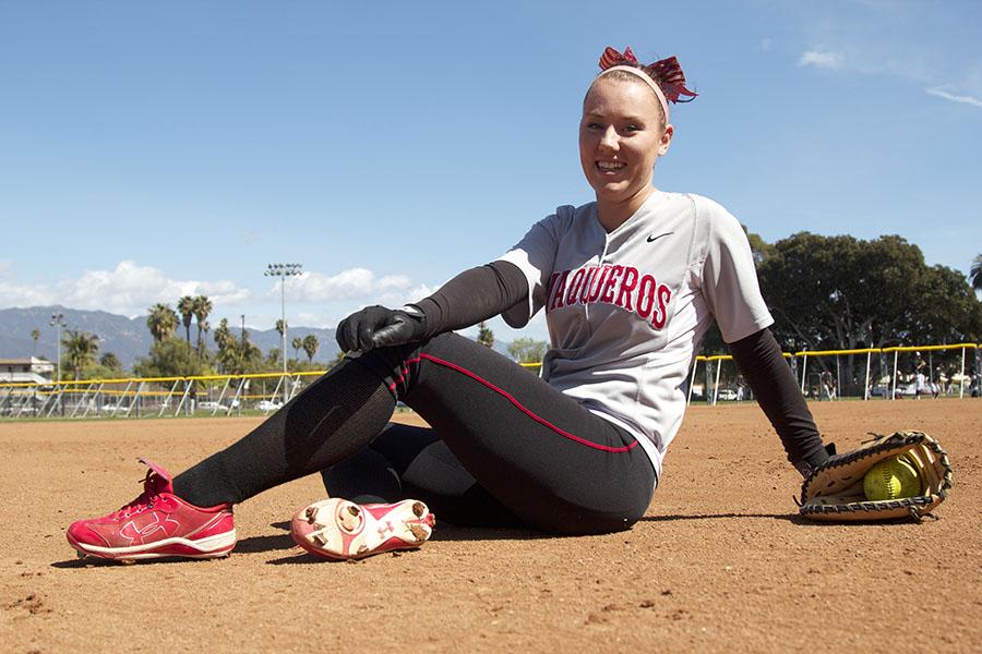 City College softball player, Emma Tegth Nordin (No. 8), sits on the field on March 6, at Pershing Park in Santa Barbara. Nordin also plays for the Swedish National Team and plans to play in the European Championship next summer.