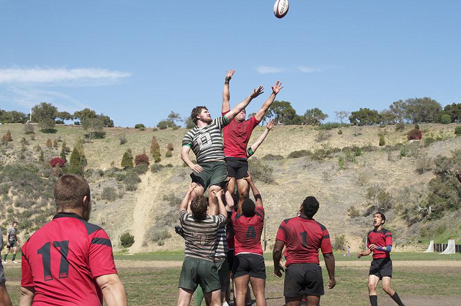 Santa Barbara Rugby Academy prop Mahlik Brewster-Blake (No. 4) holds up teammate Sean Gorman in a lineout to gain posession against Dartmouth on Thursday, March 20, at Elings Park in Santa Barbara. Santa Barbara won the match versus Dartmouth, 48-22.