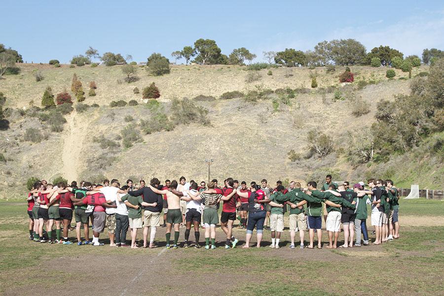Santa Barbara Rugby Academy and Dartmouth College rugby teams join together after their match on Thursday, March 20, at Elings Park in Santa Barbara. Santa Barbara defeated Dartmouth, 48-22.