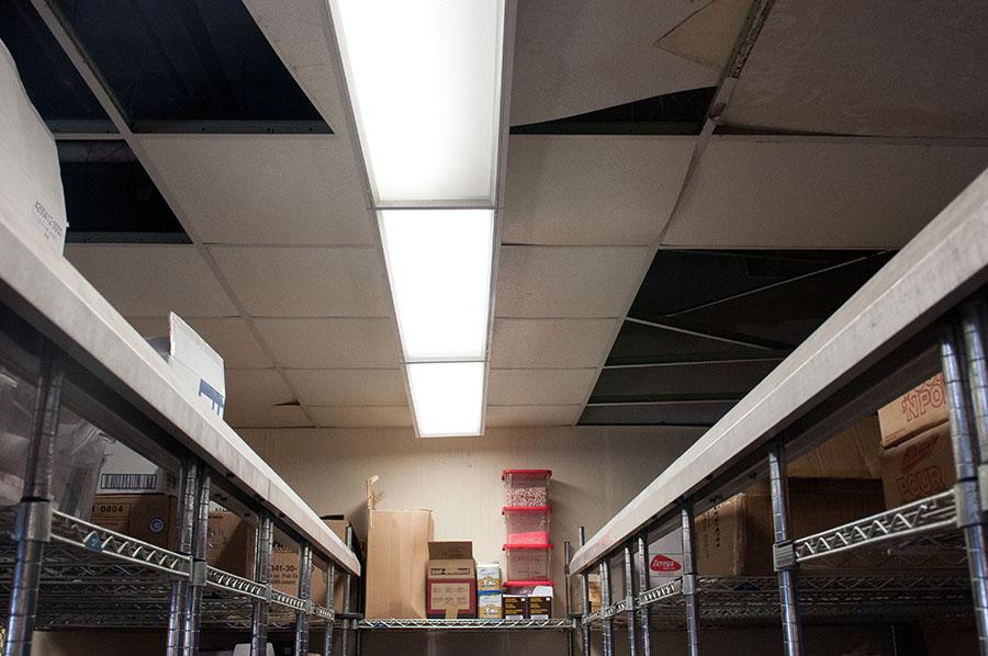 The ceiling in the Culinary Arts Department’s storeroom is collapsing because of water damage in City College’s Campus Center on March 14. City College has received $20 million from the state to reconstruct the Campus Center, since the building’s considered unsafe.