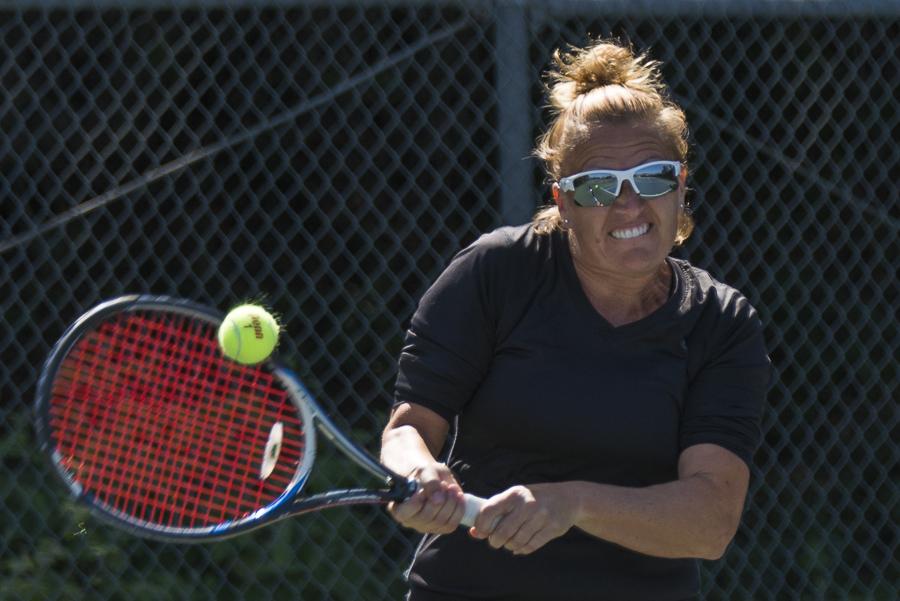 Teresa Downey returns a serve in a match against Antelope Valley Tuesday, March 18, at Pershing Park in Santa Barbara. Downey led the Vaqueros in the regular season, going undefeated in Western State Conference play.