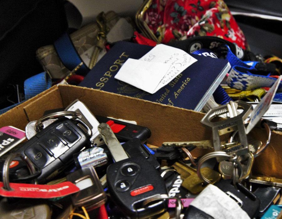 Items such as car keys, passports and laptops are some of the things stored in Room 219, in the Campus Center building on Friday, April 25. The Lost and Found is open daily Monday to Friday.