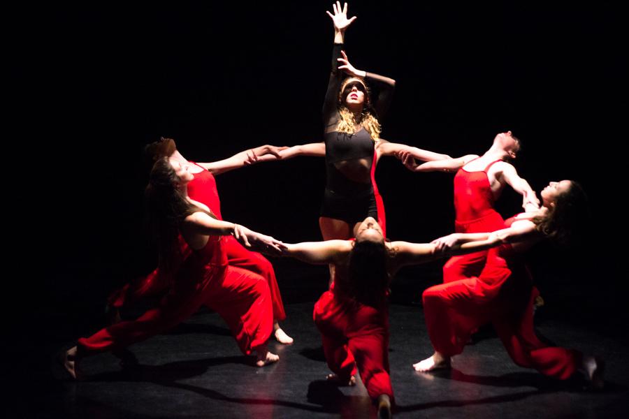 Dancers, Natalie Almond, Emma Burgis, Carisa Carroll, Kaycee Jannino, Gillian Micale, Jayde Pickles and Cheyne West, perform Metamorphosis, to the song ‘Metamorphosis II’ by Philip Glass during a dress rehearsal for the dance show ‘Collective,’ on Thursday, April 17. The routine is choreographed by Tracey Kofford, a City College dance instructor.