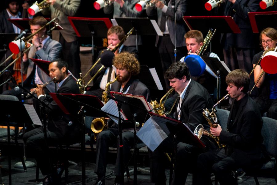 The Lunch Break band performing the song "Shuh-Chack" by composer Scott Lillard at the Legends of Jazz Concert in Garvin Theatre on West Campus at City College, April 14.