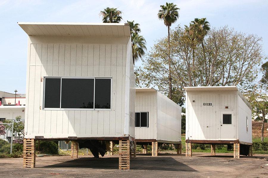 East campus portables are raised and awaiting removal, on Friday, March 28, at Santa Barbara City College. The portable buildings will be removed in phases and the newly cleared area will soon be home to drought tolerant plants.