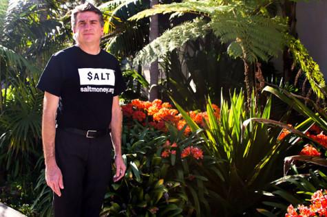 Brad Hardison, director of financial aid at Santa Barbara (Calif.) City College wears his $ALT shirt on April 3. $ALT is a financial aid coaching website that teaches eligable students for free how to manage their money for school and life.