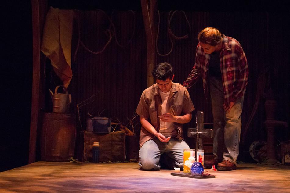 Adrian Marquez (Carl) and Jennifer Marco (Zelda Preston) perform during a dress rehearsal of Ground on Monday, April 21, in the Jurkowitz Theatre at. Ground will run through May 10, 2014, as the final show of the 2013-2014 season presented by The Theatre Group at SBCC.