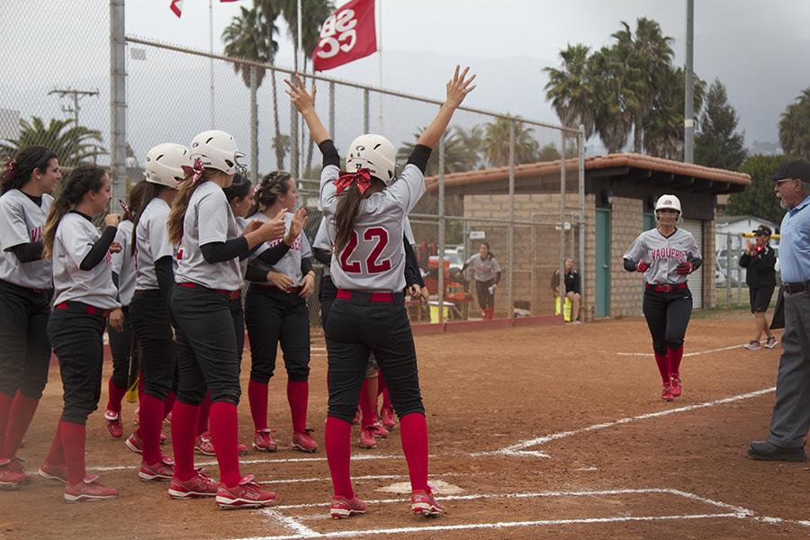 Brianna Portese (No. 7) rounds third base and heads for her teammates after hitting a 2-run homerun in the third inning Thursday, April 17, at Pershing Park. Portese connected for her second homerun of the season as the Vaqueros won the game against Oxnard College, 10-2.