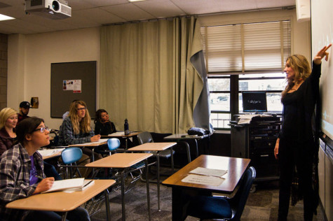 Professor Jazmin Puignau (front) is the sole teacher for Arabic language courses at City College, with some of her second-year students (from front left) Chelsea Baumgartner, Corrina McKneon, Roit Niyasi, Sam Robertson, and Lanie Johnson; in the IDC Building on West Campus on Monday, April 21. Interested students for Beginning Modern Standard Arabic I can enroll in one of two classes offered at City College in the Fall 2014 semester. Photo by Nicole Haun.