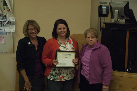 Elizabeth Stein (center) displays the 2014 Classified Employee of the Year award with Superintendent President Dr. Lori Gaskin (left) and Liz Auchincloss, Classified Staff Employees’ Association President, on Thursday, April 24, in Santa Barbara.  Stein has been employed at City College since 2003 and is the Outreach Coordinator for Career Technology.