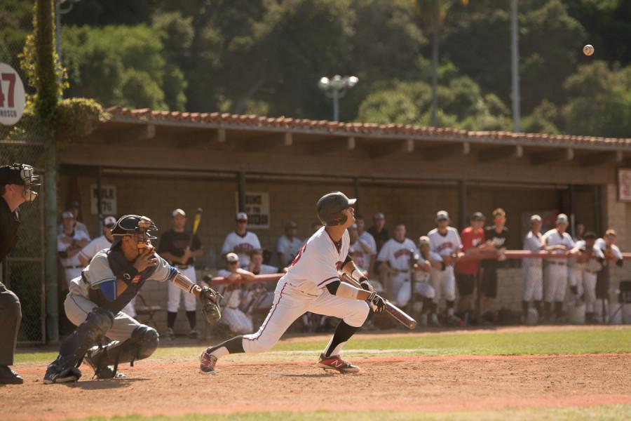 Right fielder Noeh Martinez (No. 26) pops up a bunt in the seventh inning against San Bernardino Valley College on May 2, at Pershing Park. Martinez reached first base and the Vaqueros went on to score five in the inning en route to at 9-3 victory in the first game of the best-of-three playoff series.