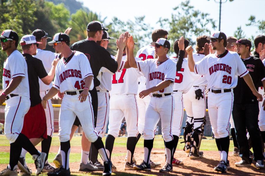 The City College baseball team celebrates a 3-0 victory over LA Mission College in game one of the best-of -three series Super Regional, Friday May 9, at Pershing Park. The winner of the series will travel to Fresno City College for Sectionals.