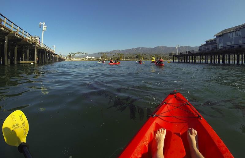 The City College Kayakers paddle underneath Stearns Wharf, Thursday, April 24, in Santa Barbara. The Kayaking class meets Tuesdays and Thursdays from 8:00 to 10:00 am to paddle out on the ocean.