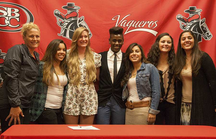 Vaqueros’ basketball players (right to left) Elia Salazar, Jasmine Mata, Jessica Valadez, Mhiah Vickers, Sheryl Scheppele and Courtney Houston share a moment with their coach Sandrine Rocher-Krul, Thursday, May 8, at the Sports Pavilion. Salazar, Mata, Valadez, Vickers and Houston are all going to play for the Eastern Nazarene College in Boston, while Scheppele signed with Mount Ida College, which is also located in Boston.