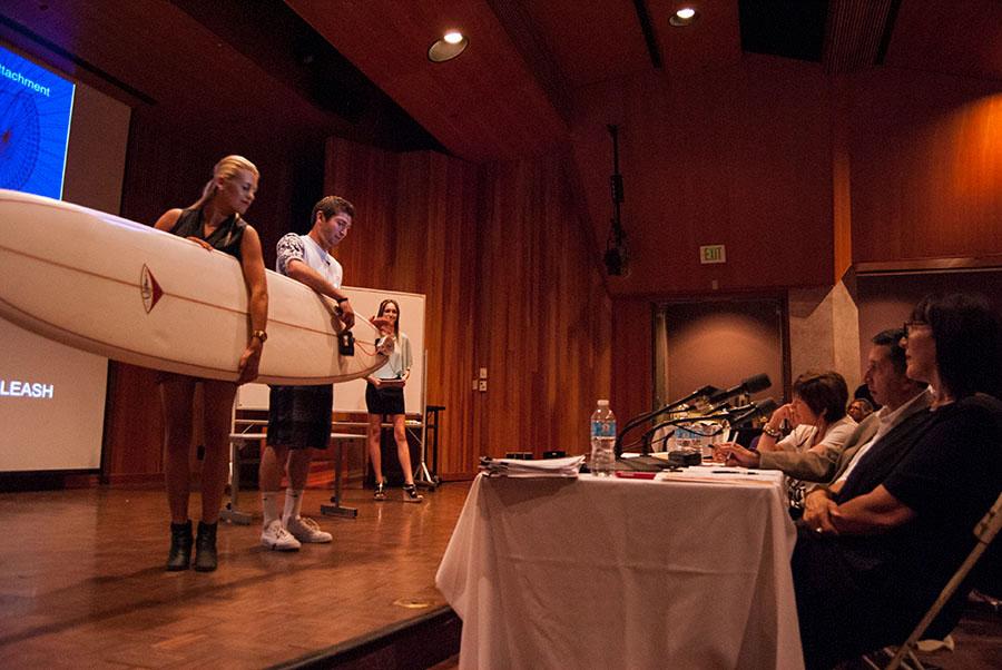 City College students with their patent-pending product, Re-Leash, (from left) Sara Skaugrud, Doni Nahmias, and Paige Grandstaff. Students show their product to the judges at the Scheinfeld Center 4th Annual New Venture Challenge in the Fé Bland Forum on Friday, May 2. The judges panel (from right) is comprised of Lynda Weinman from lynda.com, Christopher Morales of Montecito Bank & Trust, and Serial Entrepreneur Kathy Odell.