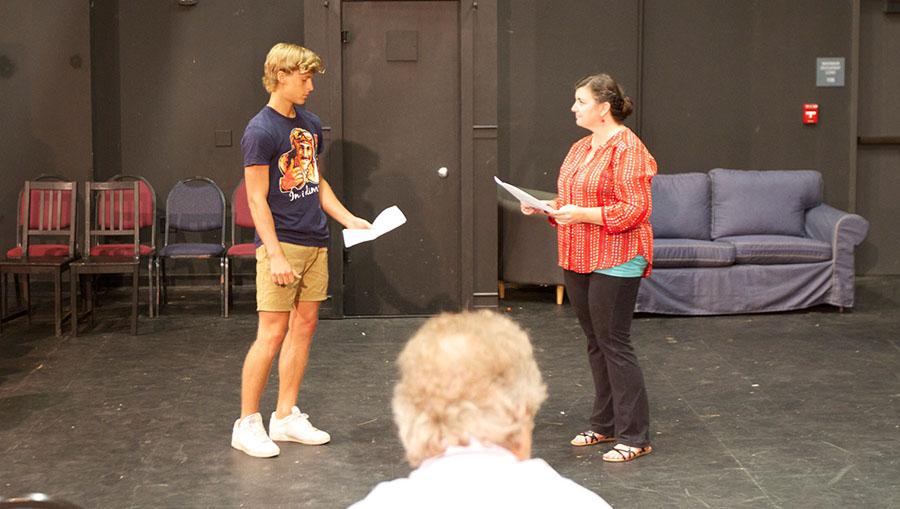 Julius Martin performs his scene with Mahealani Ciabattoni for Michael Gros, auditioning for the student showcase production Ten Red Kings, on Tuesday, Sept. 9, in the Jurkowitz theatre at City College.