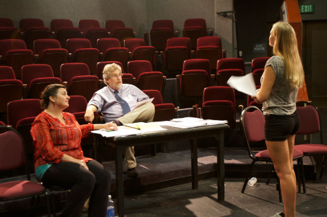 From left, Mahealani Ciabattoni and Michael Gros give feedback to Anna Vera Olin on her audition for the student showcase production 'Ten Red Kings,' on Tuesday, Sept. 9 in the Jurkowitz theatre at City College.