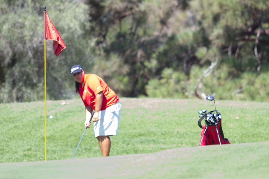 Saralisa Ortega battles the heat in the Western State Conference No. 2 on Monday, Sept. 15, at the Santa Barbara Municipal Golf Course. The Lady Vaqueros finished second to College of the Canyons. I didnt play at my best today, I didnt know how to handle the heat, and my putting wasnt on top, said Ortega.