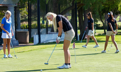 From left, Emilie Arnoldi, Sara Pettersson, Rebecca Valice and Tiffany Huang work on their putting skills before an 18 hole practice run, Wednesday, Sept. 10 at the Santa Barbara Municipal Golf Course. The lady Vaquero golf team is hosting the Western State Conference No. 2 on Monday, Sept. 15.