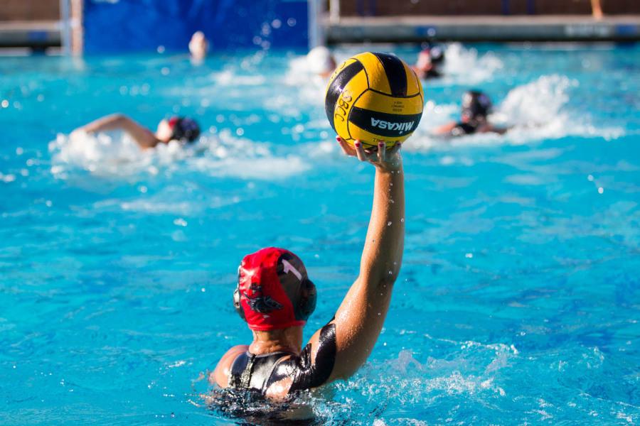 Vaquero's goalie Autumn Lovett (No. 1) throws the ball back to her fellow teammates after a block in the beginning of City College's game against LA Valley at San Marcos High School in Santa Barbara, California. The Vaqueros went on to beat the Monarchs 12-10.