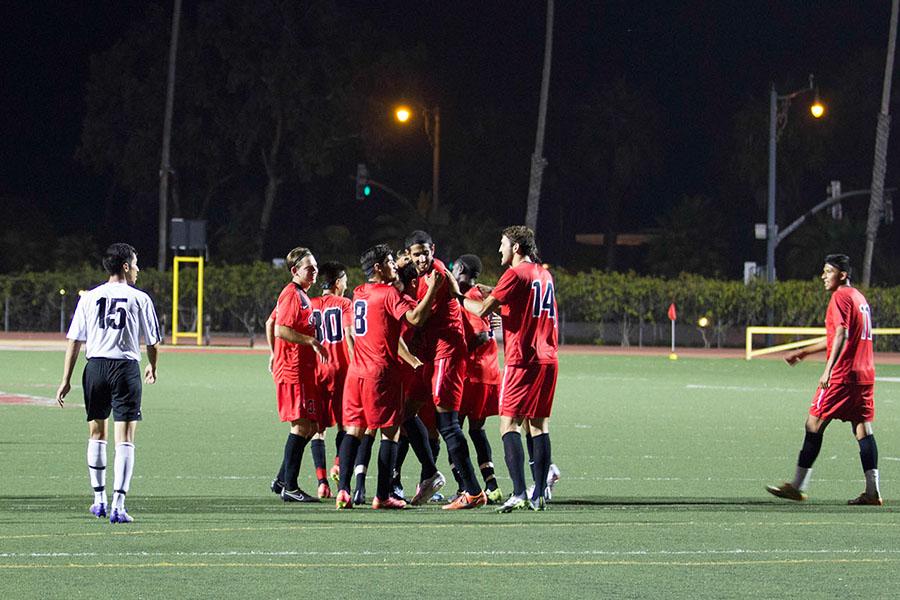 City College’s men’s soccer team celebrates their second goal, scored by Mehdi Badache (No. 6) on Tuesday, Sept. 30, at La Playa Stadium. The Vaqueros beat Glendale College 5-0.