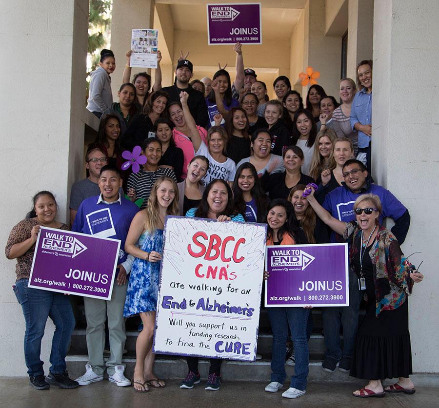 Mary Webber, RN Director (Front Right), and her Certified Nursing Assistant students, on Fri., Oct. 17, next to the Administration building at City College, will be walking in this years annual Walk to End Alzheimer's coming up on Nov. 8, at Earl Warren Showgrounds, in Santa Barbara. The team is called Rupe Troupe, in honor of Dorothy D. Rupe and the Arthur N. Rupe Foundation, which provides grant funding for enrollment fees, textbooks, nursing equipment, certification exam fees and scholarships for students.