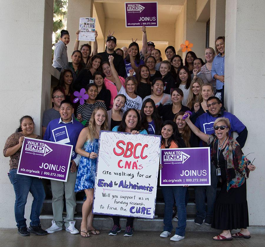 Mary Webber, RN Director (Front Right), and her Certified Nursing Assistant students, on Fri., Oct. 17, next to the Administration building at City College, will be walking in this years annual Walk to End Alzheimers coming up on Nov. 8, at Earl Warren Showgrounds, in Santa Barbara. The team is called Rupe Troupe, in honor of Dorothy D. Rupe and the Arthur N. Rupe Foundation, which provides grant funding for enrollment fees, textbooks, nursing equipment, certification exam fees and scholarships for students.