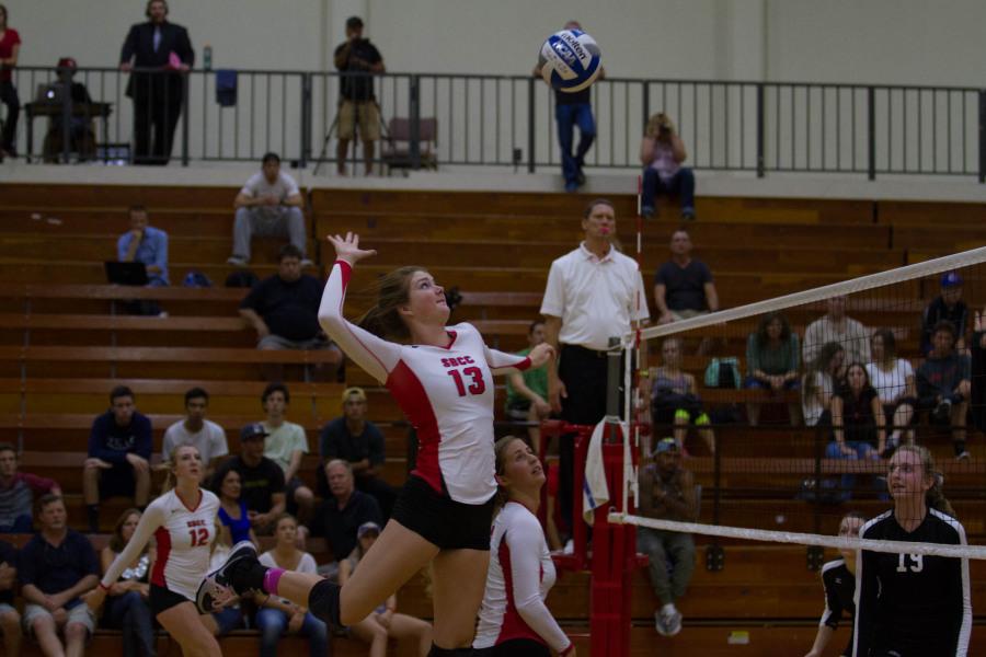 Vaquero middle blocker Paige Sabin (No. 13) makes a play for the ball in Santa Barbara City Colleges 3-0 route of the Moorpark College Raiders Friday night at Santa Barbara City College, Santa Barbara, Calif. SBCCs victory gives the Vaqueros womens volleyball team their eighth straight win on the season with an overall record of 12-4.