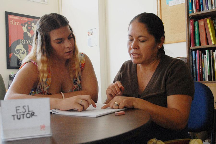 Communications major Nikoletta Kontarinis (left), 23, helps ESL student Balnca Linares with her English homework, Wednesday, Oct. 22, in Santa Barbara. Nikoletta is one of several tutors available for students in the ESL program at City College.